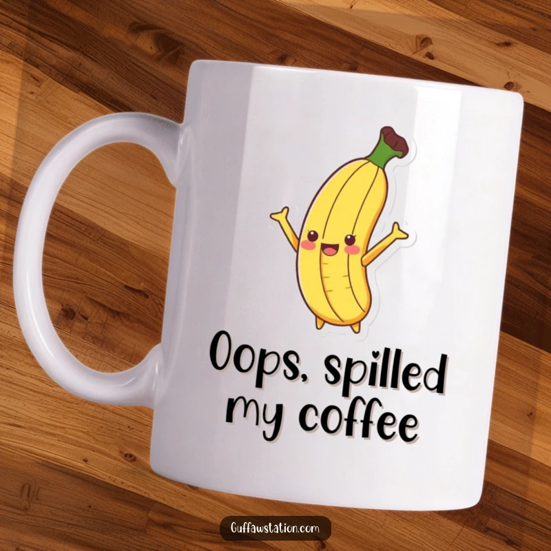 Funny Banana Mug slipping dramatically on a peel, arms flailing wildly, embodying classic slapstick humor.