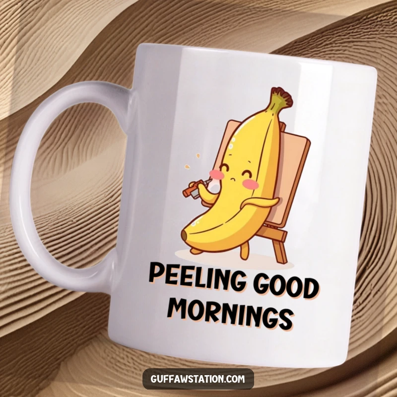 Funny banana mug with a blushing banana painting its self-portrait using its peel, a creative and humorous character at work.