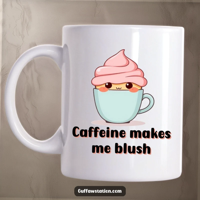 Funny blushing cupcake trying to hide behind a small coffee cup on a charming ceramic mug.