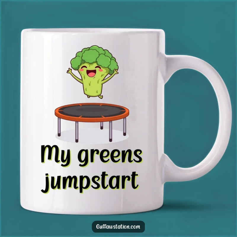 Funny Broccoli Mug: Giggling Veggie Trampoline Jump, Perfect Funny Gift for Fitness Fans