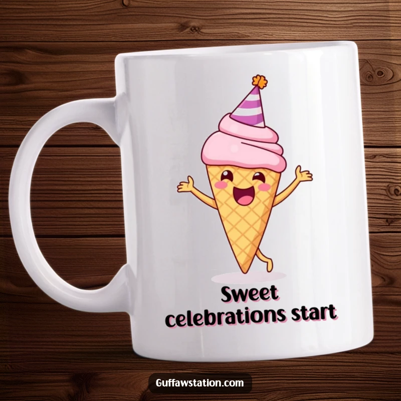 Funny mug showing a delighted ice cream cone wearing a party hat, joyfully doing a happy dance, celebrating pure dessert bliss.