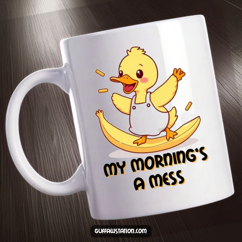 Funny Duck Mug: A duck in a tiny apron trips on a banana peel, comically flinging scattered french fries.