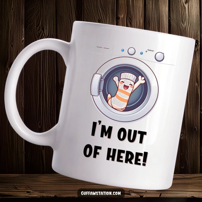 Funny Mugs: A cheeky sock triumphantly waves goodbye to the washing machine, symbolizing freedom and laundry day chaos with a smile.