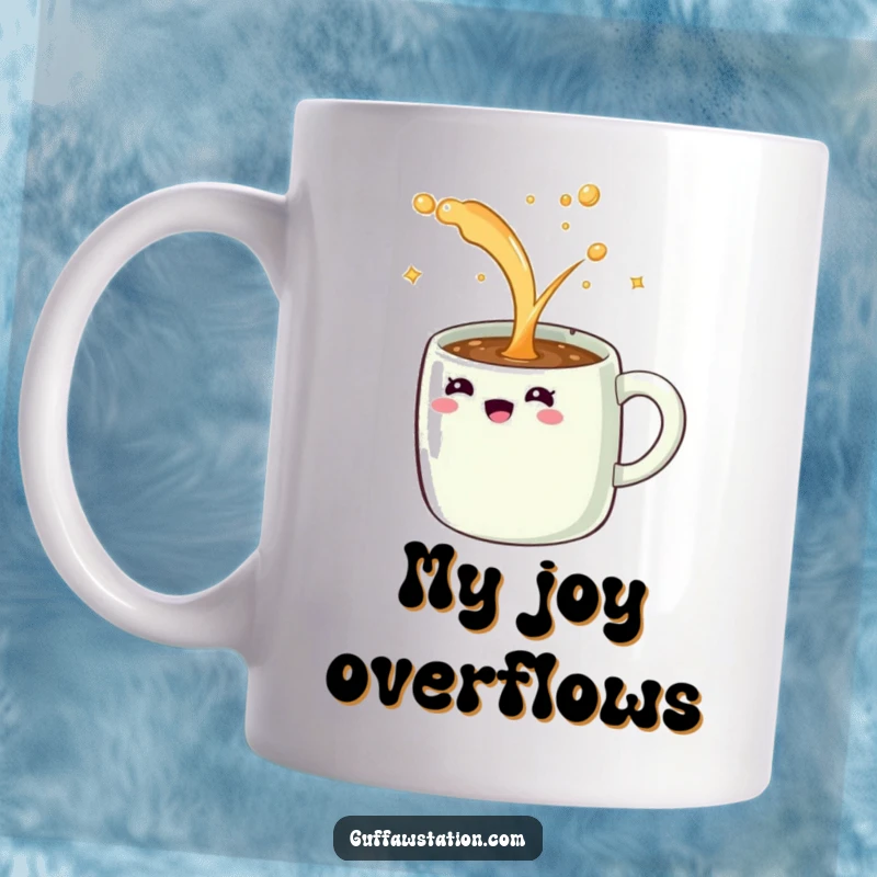 Funny coffee mug giggling as it spills an endless stream of sparkling, effervescent liquid, symbolizing overflowing joy and caffeine.