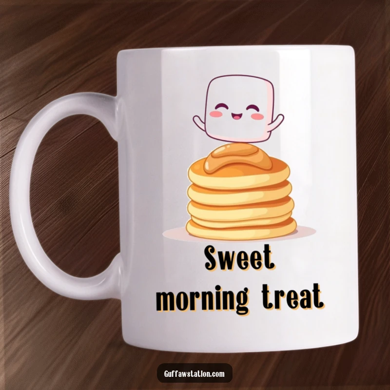 Funny mug with a giggling marshmallow character trying to balance on pancakes, perfect for breakfast and dessert lovers.