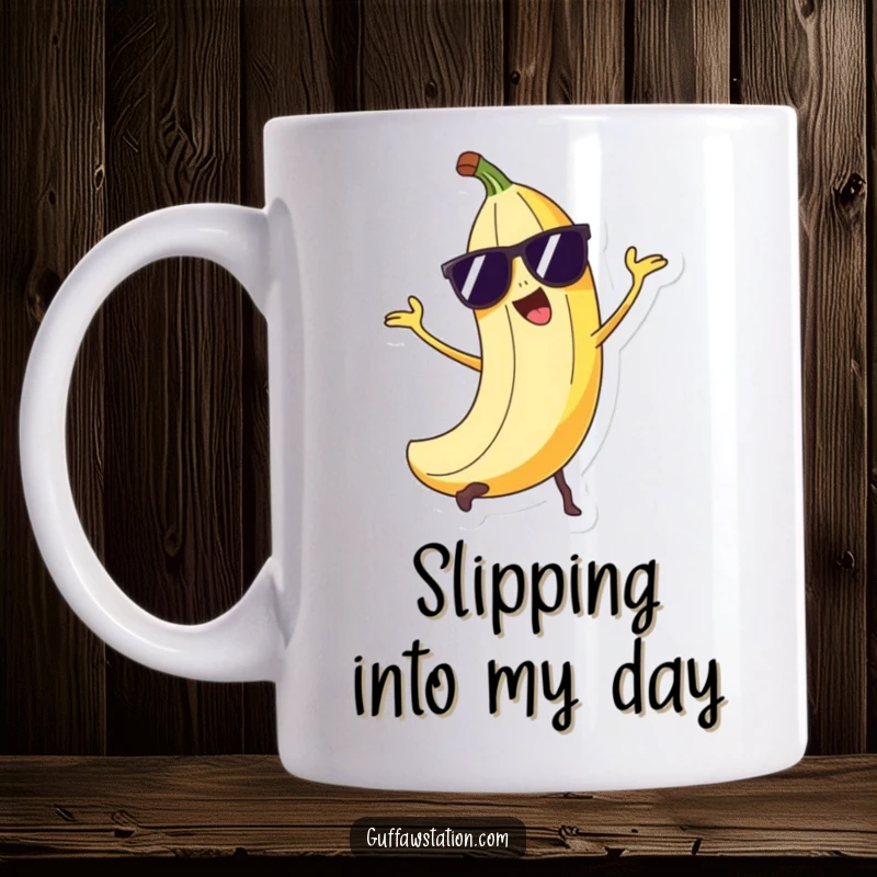 Funny mischievous banana peel character wearing cool sunglasses, doing a sneaky trick on a ceramic mug.
