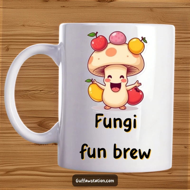 Funny mug showcasing a happy mushroom with a wide grin, skillfully juggling colorful fruits in a whimsical cartoon.