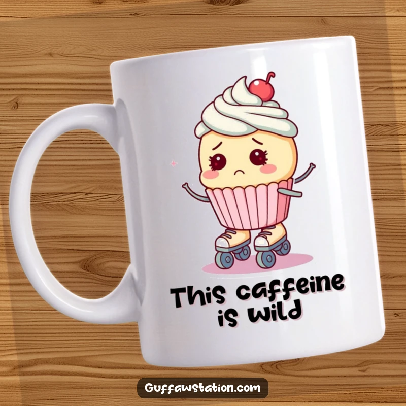 Funny mug featuring a bewildered cupcake wearing roller skates, captured mid-wobble, about to take a tumble.