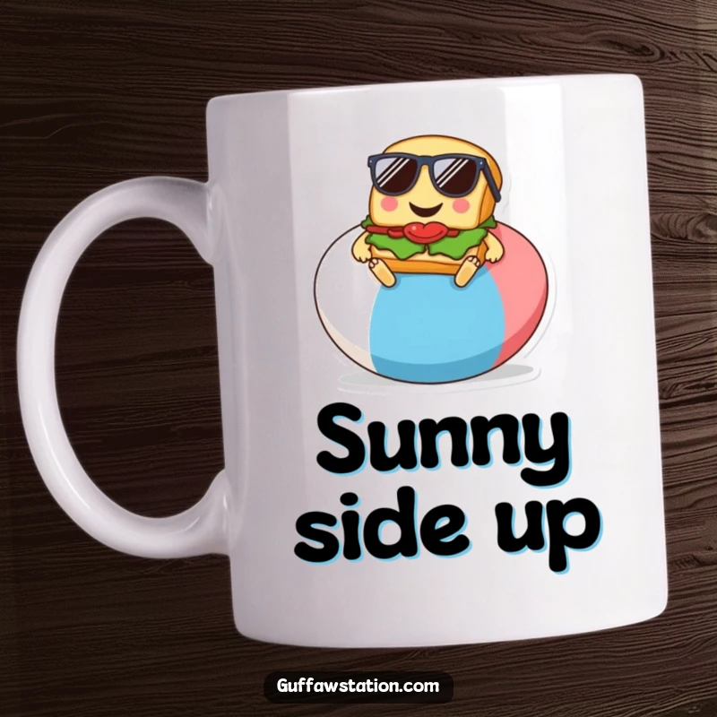 Funny mug with a smiling sandwich wearing sunglasses, lounging on a giant beach ball, exuding cool relaxation.