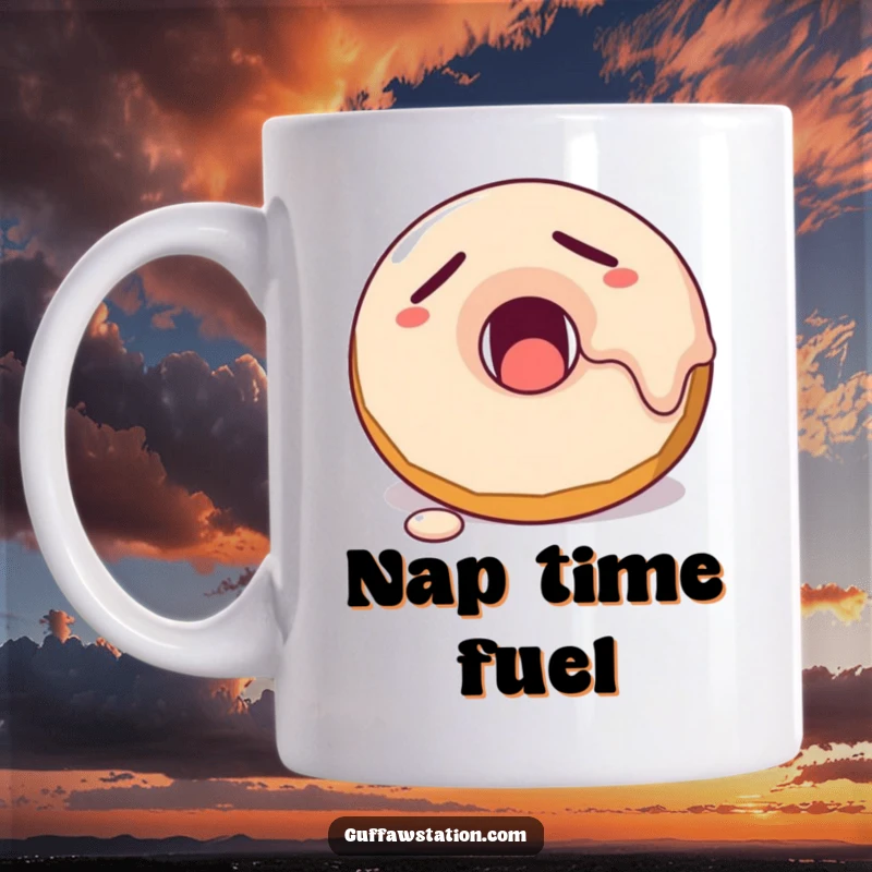 Funny sleepy donut character yawning with frosting dripping, on a ceramic mug, perfect for breakfast lovers.