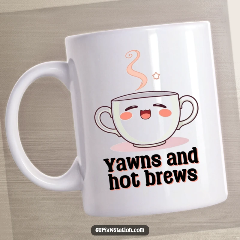 Funny mug depicting a sleepy teacup yawning, with steam artfully forming a happy smiley face, a cozy and humorous design.