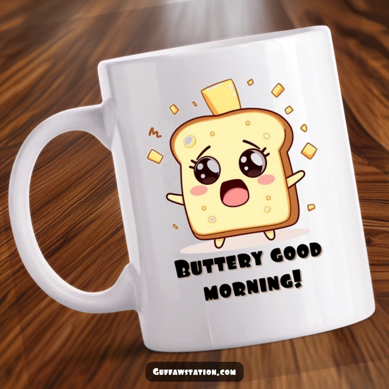Funny surprised toast character with butter flying wildly, wide eyes, on a ceramic mug, depicting breakfast chaos.