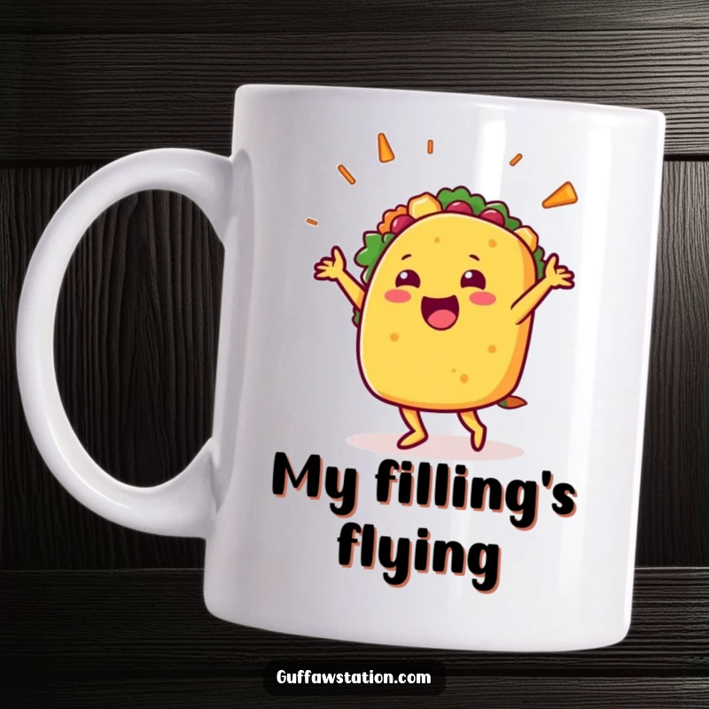 Funny mug featuring a happy taco character in a celebratory dance with its filling flying out, embodying pure fiesta joy.