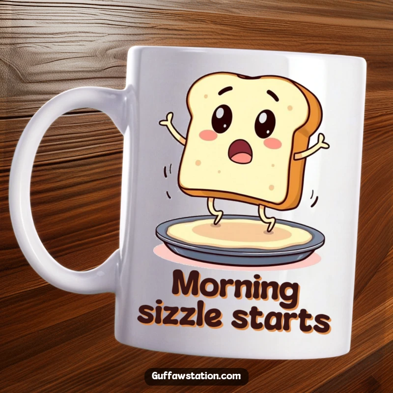 Funny mug showing a surprised toast character with legs hopping onto a buttered pan, perfect for breakfast humor.