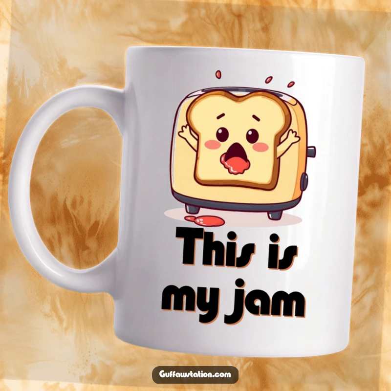 Funny mug featuring a surprised slice of toast dramatically leaping from a toaster with jam splatter, a breakfast comedy.