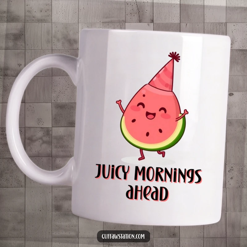 Funny watermelon mug showing a happy slice wearing a party hat and dancing, a celebratory and joyful illustration.