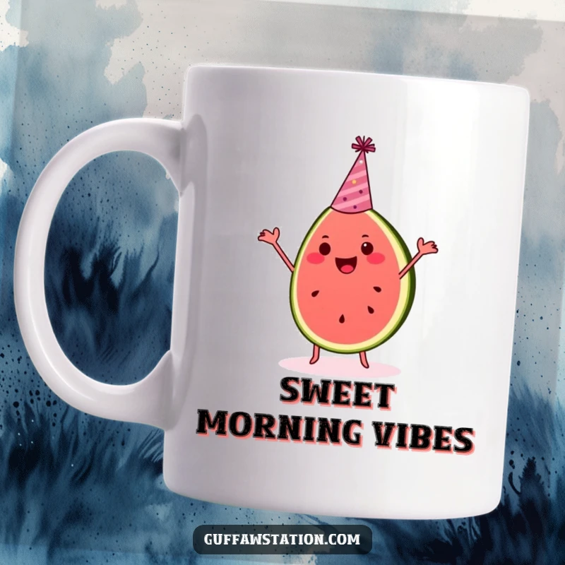 Funny watermelon slice mug happily dancing with a party hat, radiating pure summer joy and festive energy.
