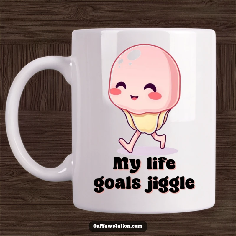 Funny mug with a cute, wobbly jelly character struggling to walk with a comical, unstable gait, bringing laughter.