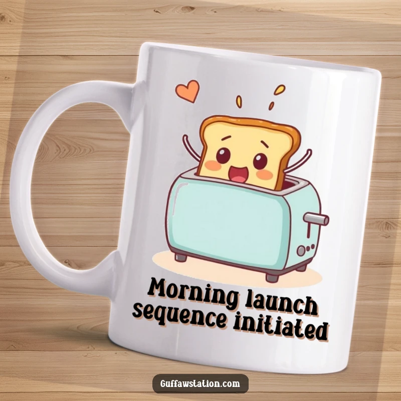 Funny mug showing a surprised piece of toast popping out of a toaster and soaring through the air, capturing breakfast chaos.