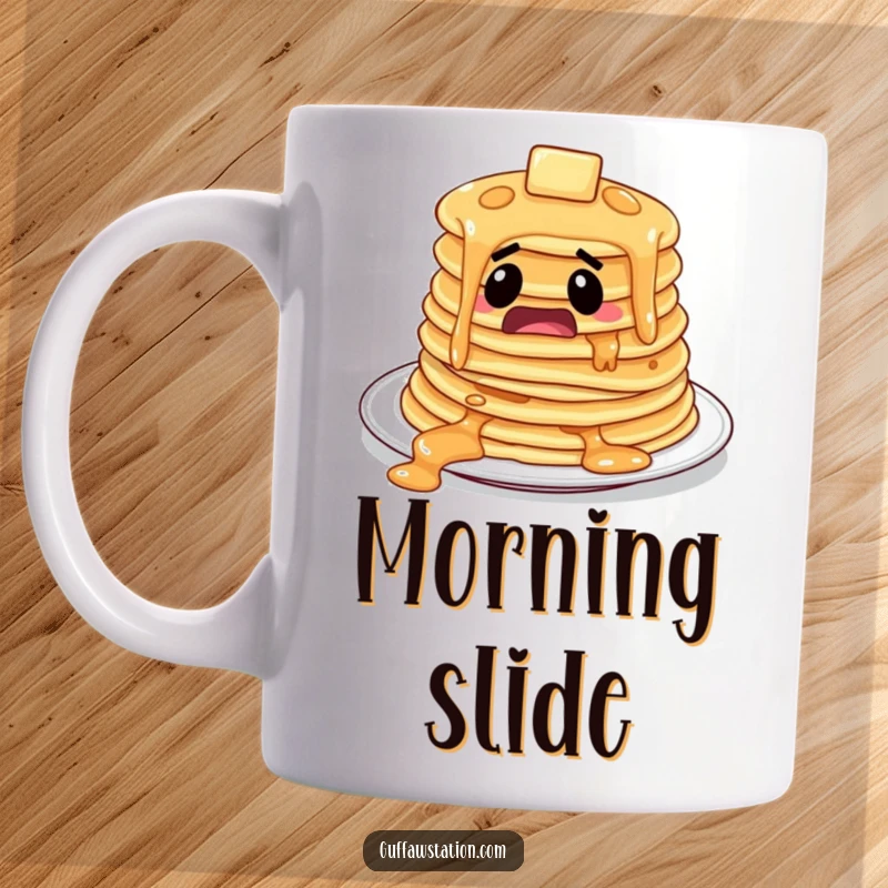 Funny, startled pile of pancakes comically sliding off a plate, looking surprised, on a humorous mug.