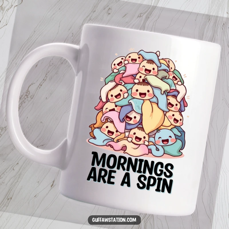 Funny laundry mug depicting a tumbling pile of clothes with cheerful faces, celebrating the joy and chaos of laundry day humor.