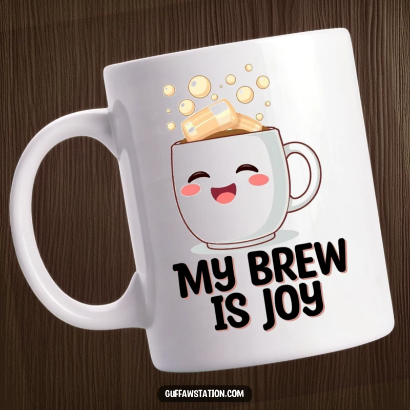 Funny mug featuring a happy coffee cup overflowing with steaming, bubbly laughter, symbolizing joy and warmth.