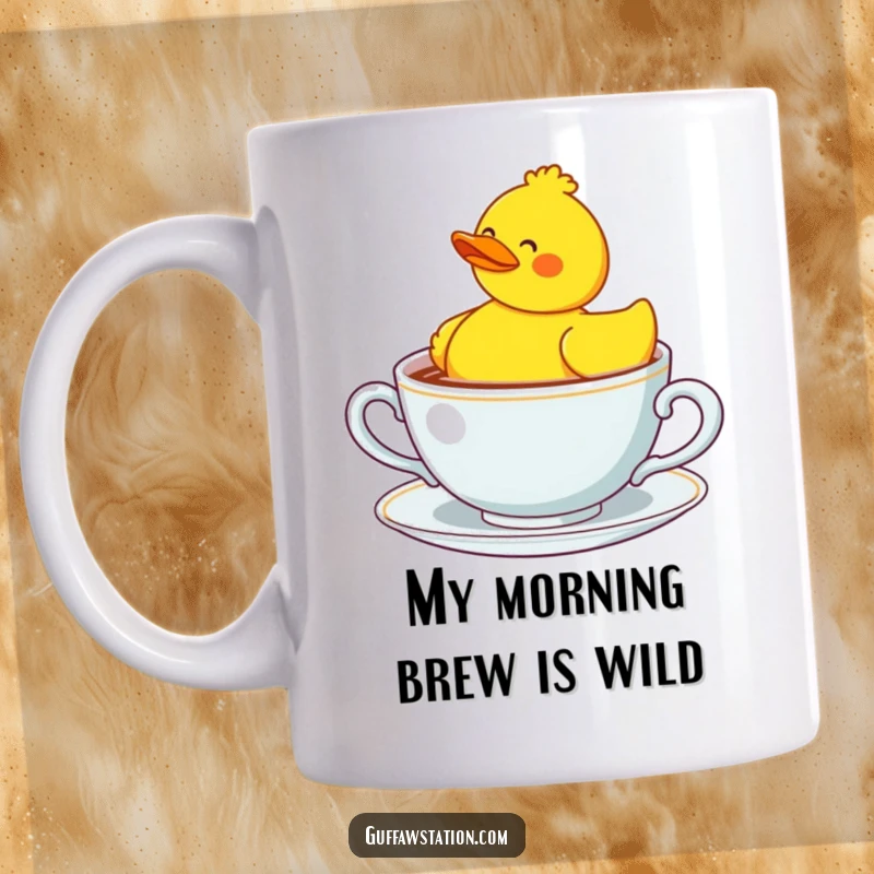 Funny rubber duck looking bewildered while floating in a massive teacup, perfect for a humorous gift.