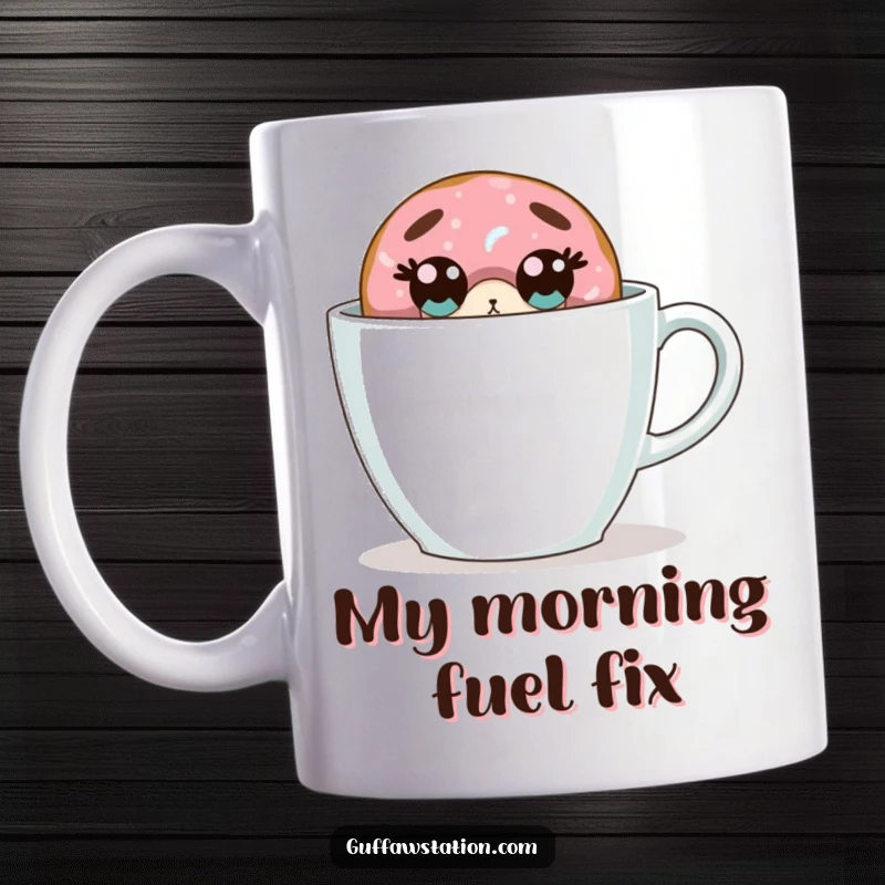 Funny donut mug shows a surprised donut peeking from behind an oversized coffee cup, wide-eyed and comical.