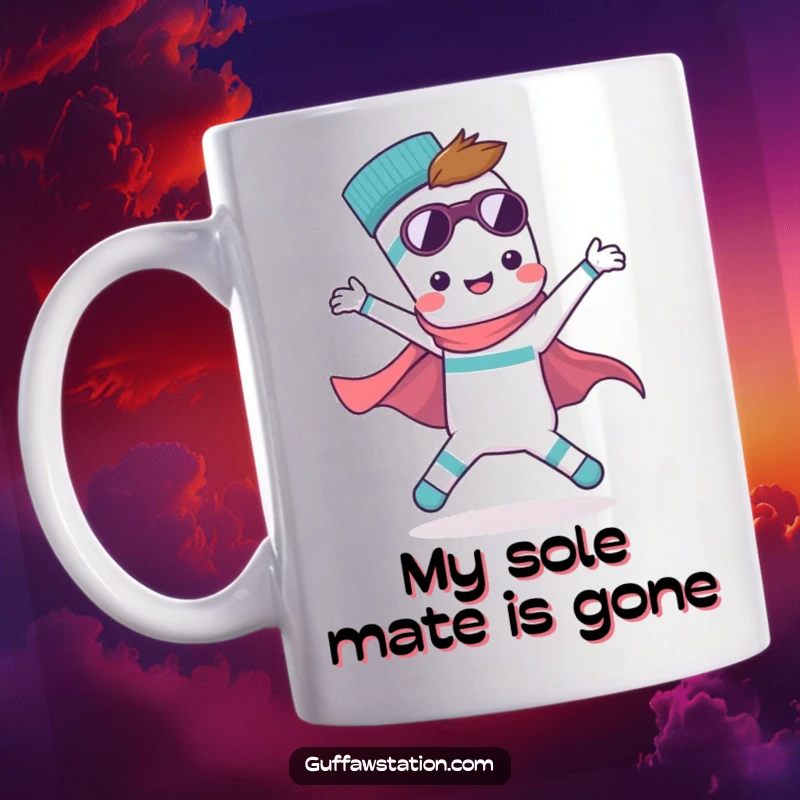 Funny mug featuring a single, playful sock in a triumphant superhero stance, searching for its partner. Hilarious and heartwarming design.