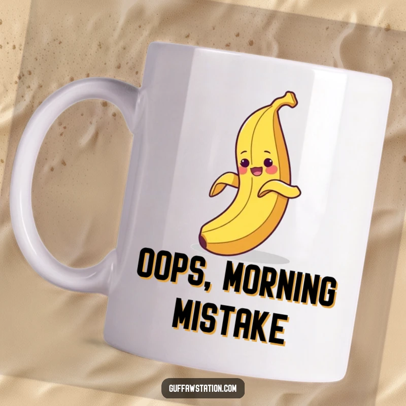 Funny mug showing a clumsy banana peeling itself and then comically slipping on its own discarded peel, a classic gag.