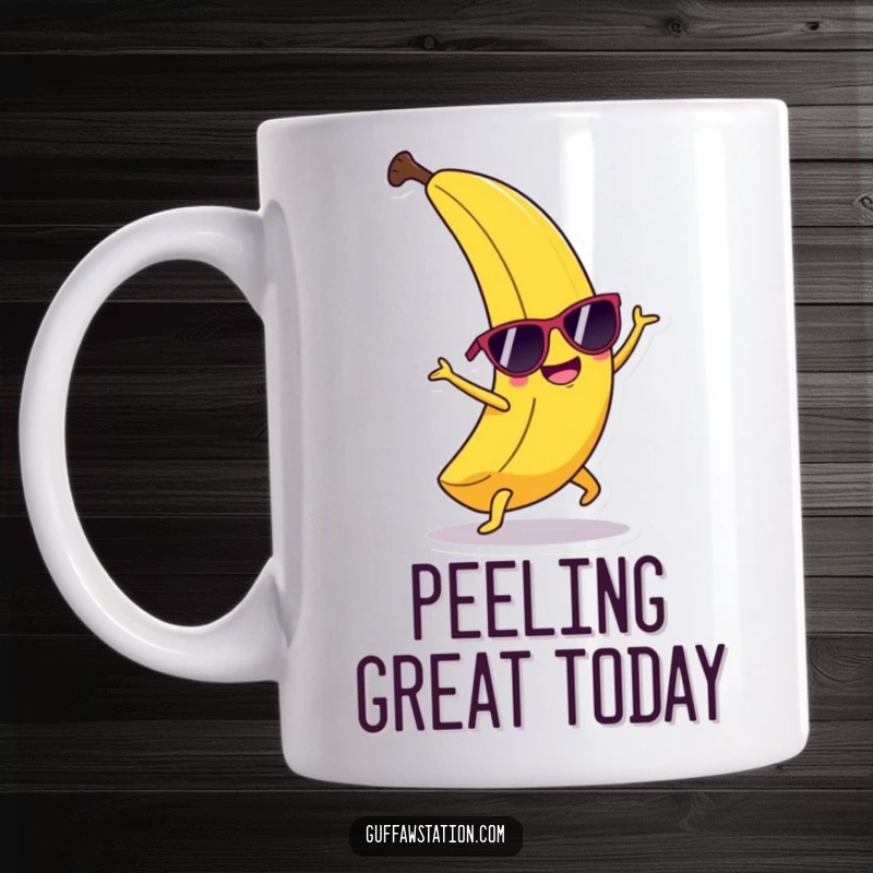 Funny, happy banana wearing sunglasses, attempting a cartwheel, looking joyful, on a humorous mug.