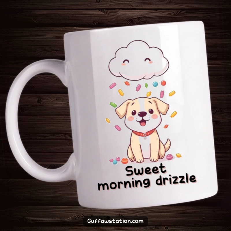 Funny mug showing a shy cloud raining colorful candy down on a small, surprised dog looking up in wonder.