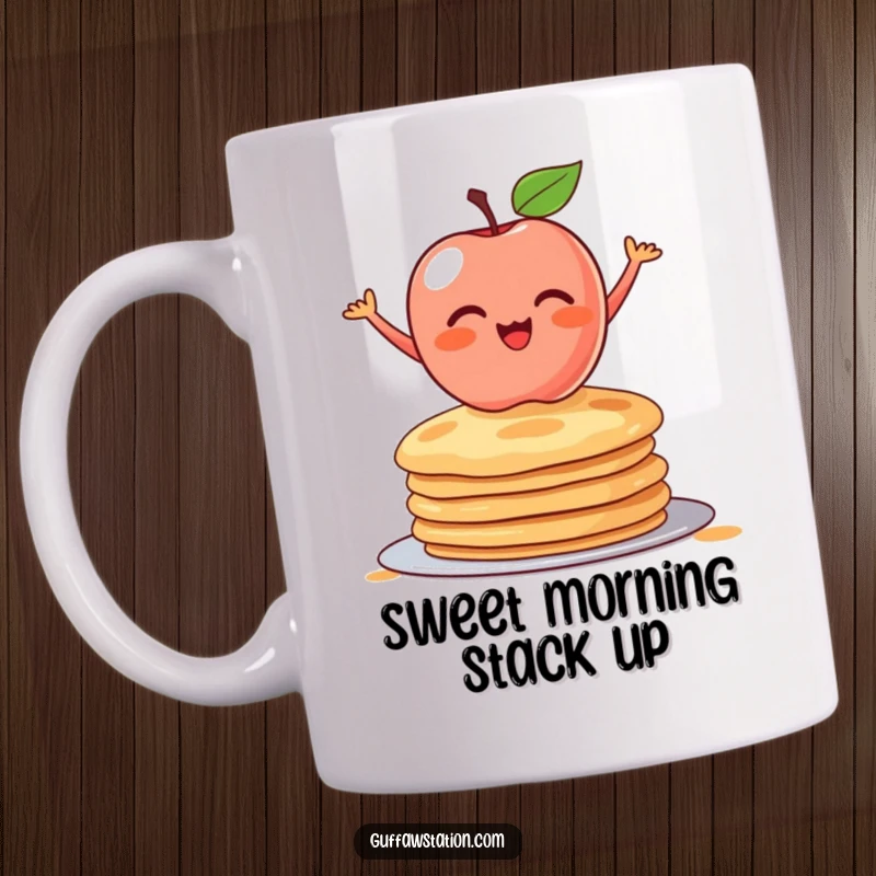 Funny mug depicting a shy, blushing apple excitedly balancing atop a tall stack of golden pancakes. Whimsical and delightful breakfast art.