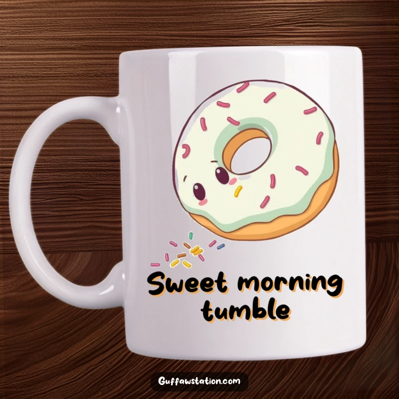 Funny clumsy donut character rolling downhill, leaving sprinkles, on a ceramic mug, symbolizing sweet chaos.
