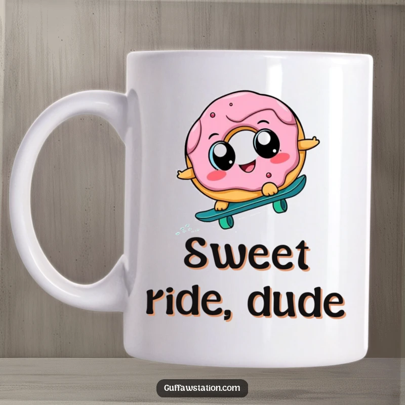 Funny donut with big eyes trying to skateboard downhill, full of excitement and a bit of wobble, perfect for coffee lovers.