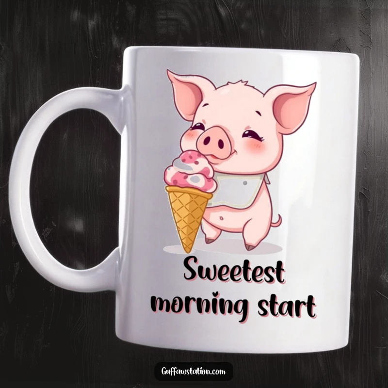 Funny Piglet Mug: A bib-wearing piglet eagerly attempts to devour a comically enormous ice cream cone.