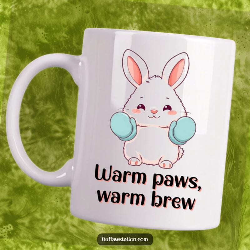 Funny mug depicting a fluffy bunny adorably wearing oven mitts as mittens, perfect for bakers and animal lovers seeking humor.