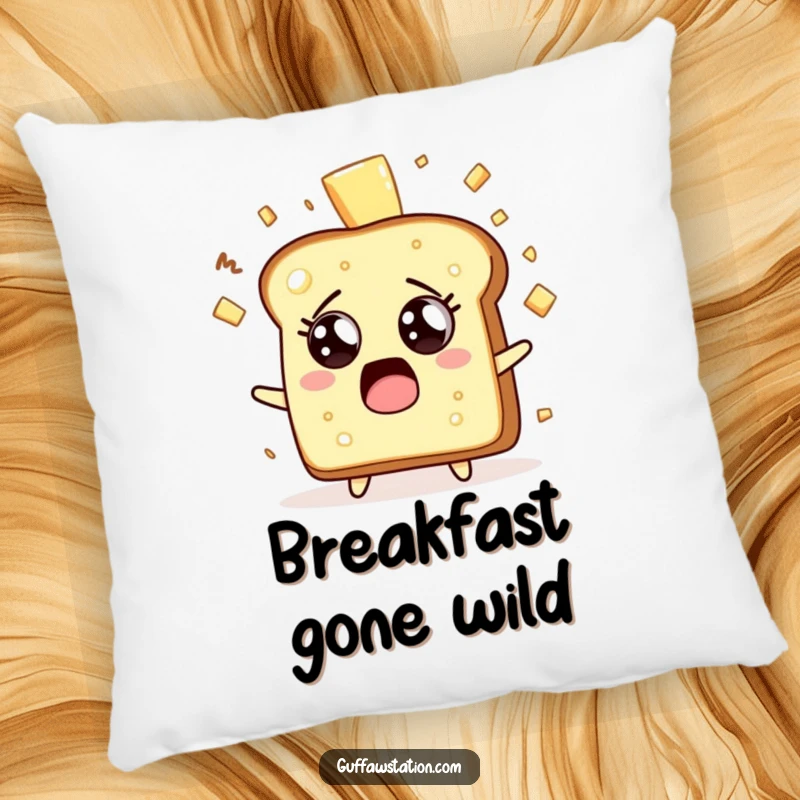 Funny surprised toast character with butter flying everywhere on a soft decorative pillow.