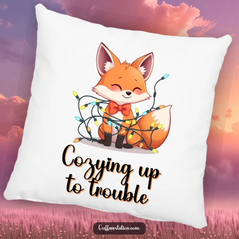 Funny throw pillow featuring a fox wearing a bowtie humorously tangled in a heap of festive holiday lights, a comical decorative item.