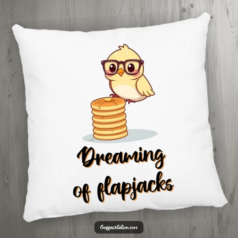 A plush pillow featuring a bird wearing glasses precariously balancing a stack of pancakes, adding comedic warmth.