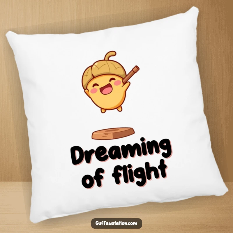 Funny pillow featuring a happy acorn mid-flight from a slingshot, offering a soft touch of cartoonish motivation.