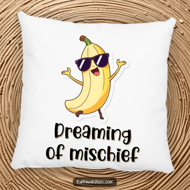 Funny mischievous banana peel character wearing sunglasses, doing a sneaky trick on a soft decorative pillow.