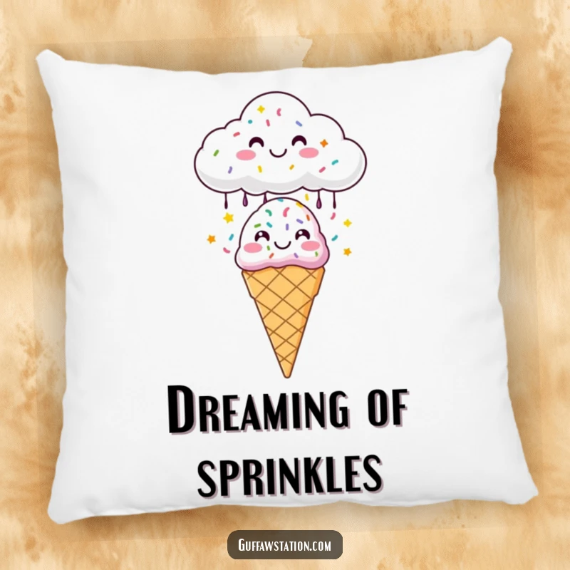 Funny pillow depicting a happy cloud raining sprinkles onto an ice cream cone, adding a touch of sweet humor to any room.