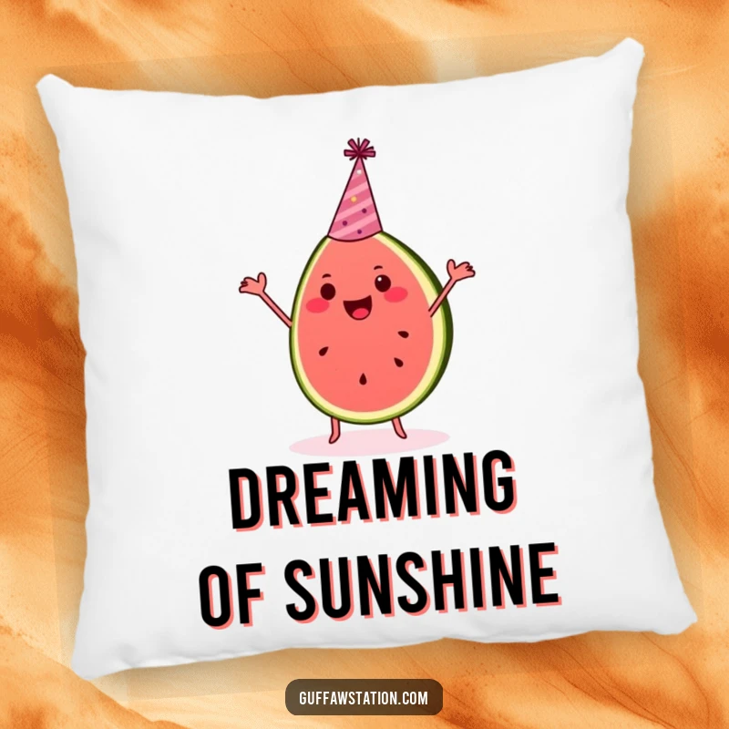 Funny watermelon pillow shows a happy dancing slice wearing a party hat, perfect for cozying up.