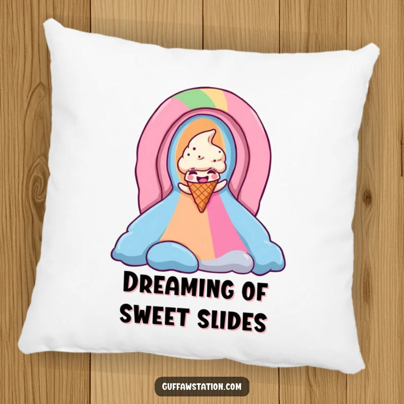Funny ice cream cone pillow shows a delighted cone sliding down a rainbow, perfect for cozying up with a smile.