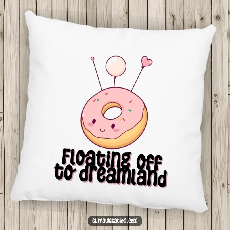Funny pillow designed as a chubby donut, comically inflating and floating upwards, offering comfort and humorous sweetness.