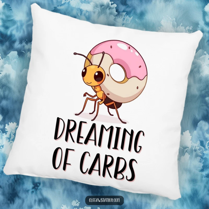 Funny pillow featuring a tiny ant with great determination carrying a huge donut, a charming and inspiring image of effort.