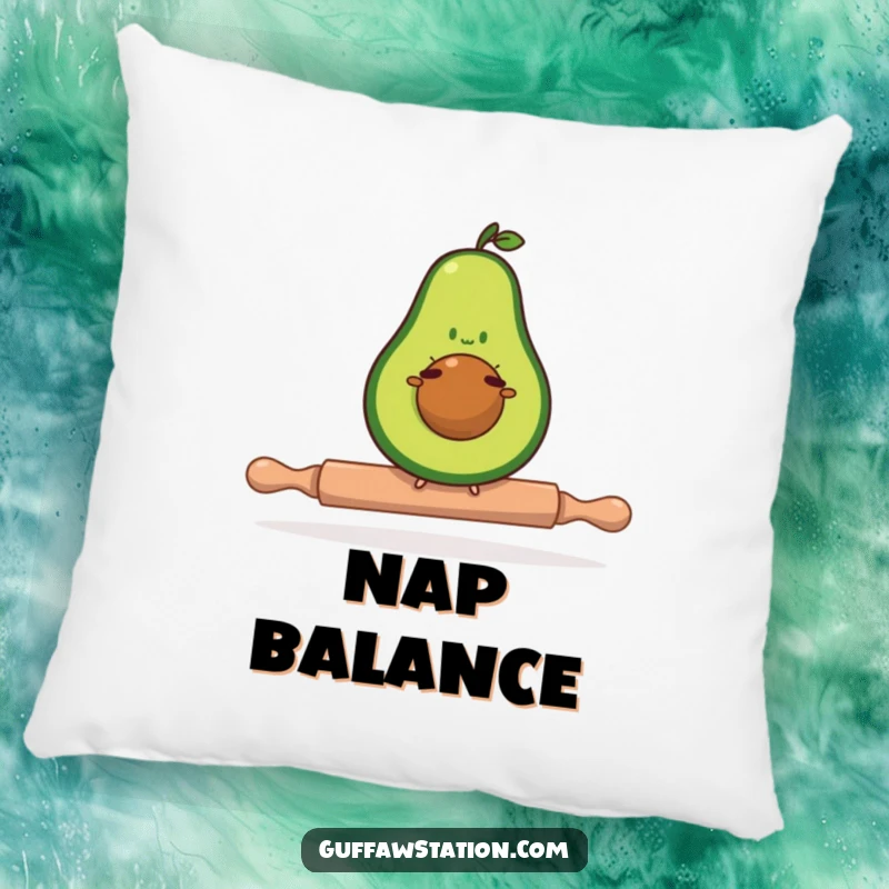 Funny avocado pillow featuring a determined avocado balancing on a tiny rolling pin, soft and humorous home decor.