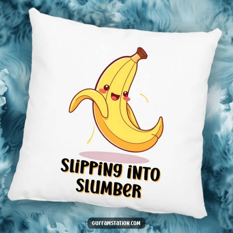 Funny pillow featuring a cute banana peel comically slipping on its own discarded peel, soft and amusing.
