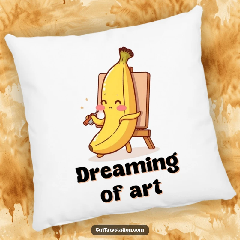 Funny banana pillow featuring a blushing banana painting its self-portrait with its peel, soft and amusing home decor.